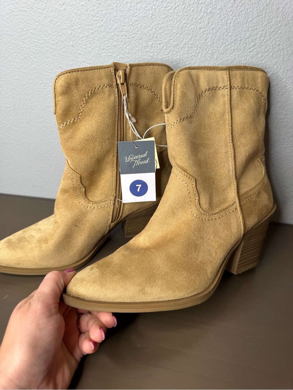 NWT 7 Women's Suede Western Ankle Boots - Tan - Picture 3 of 8